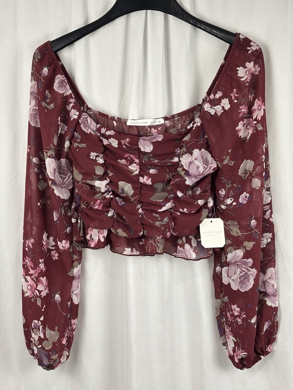 NWT Altar'd State XS Burgundy Floral Long Sleeve Crop Top Milk Maid Cottagecore